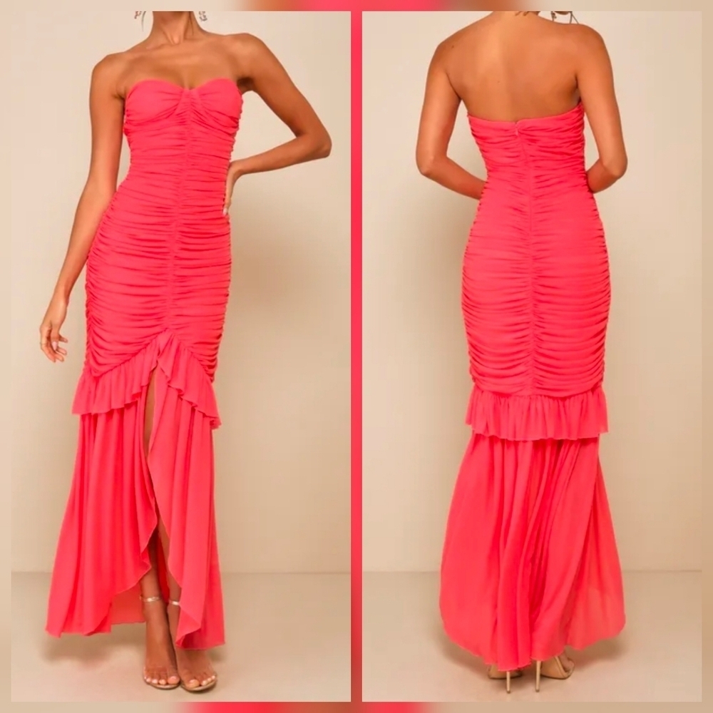 Lulus XL Unforgettable Beauty Coral Pink Mesh Ruched High-Low Maxi Dress, XL